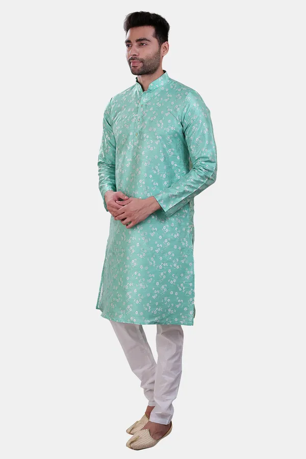 Floral_Print_Mint_Green_Jacquard_Kurta_With_Paijama