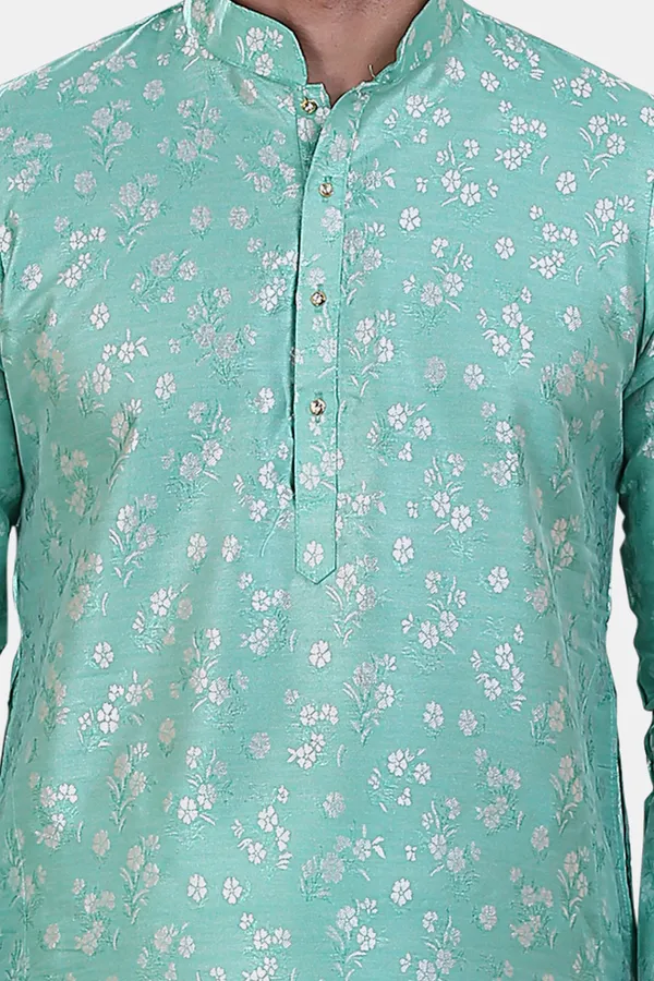 Floral_Print_Mint_Green_Jacquard_Kurta_With_Paijama