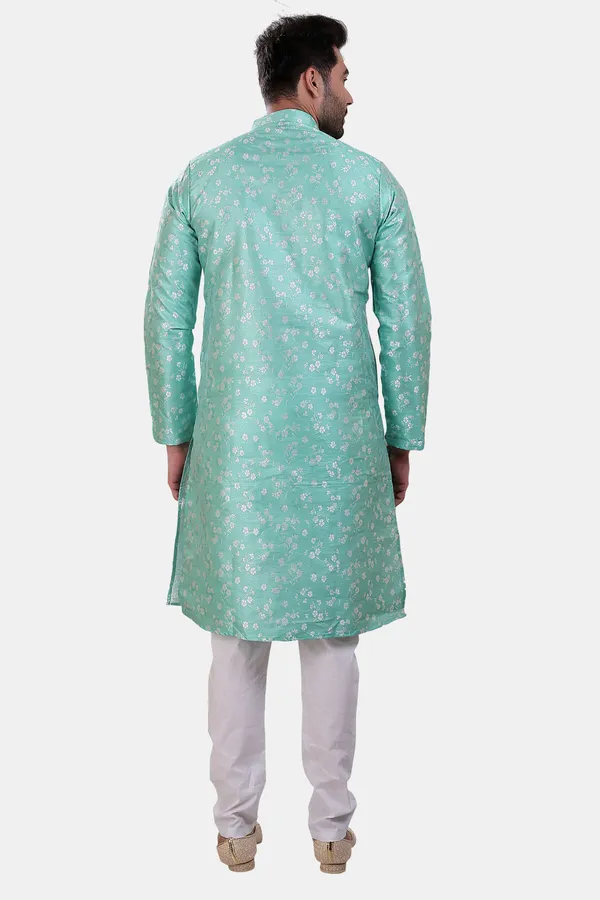Floral_Print_Mint_Green_Jacquard_Kurta_With_Paijama