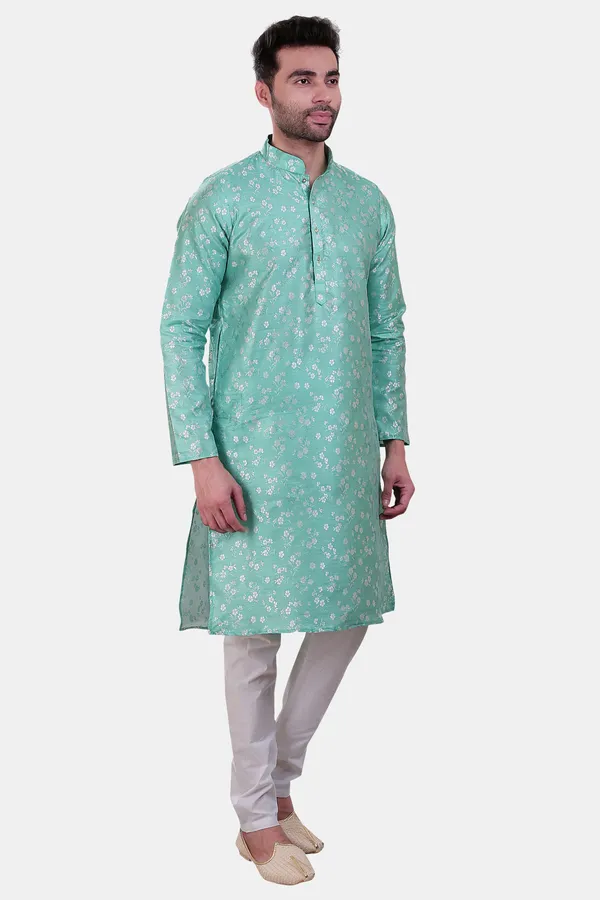 Floral_Print_Mint_Green_Jacquard_Kurta_With_Paijama