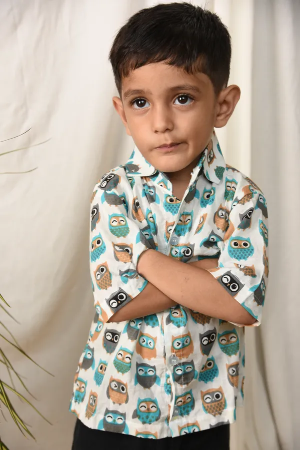 White_Cotton_Shirt_For_Boys_|_Owl_Printed