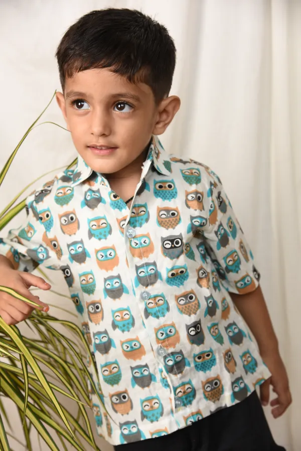 White_Cotton_Shirt_For_Boys_|_Owl_Printed