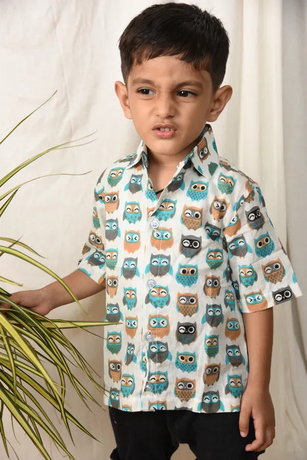 White_Cotton_Shirt_For_Boys_|_Owl_Printed