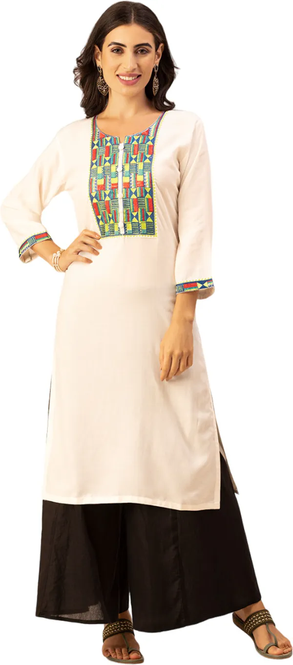 Off_White_Rayon_Women_Kurta,_Colourful_Embroidery_Work