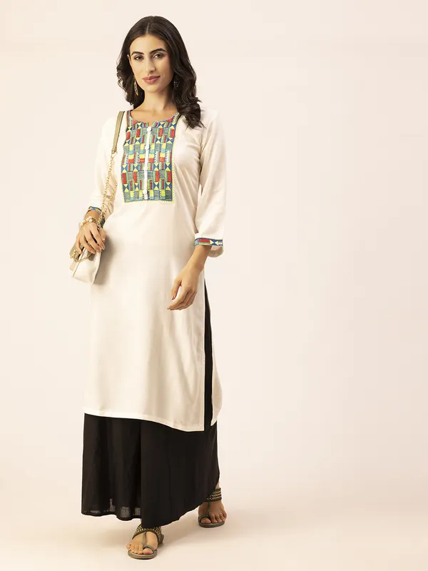 Off_White_Rayon_Women_Kurta,_Colourful_Embroidery_Work