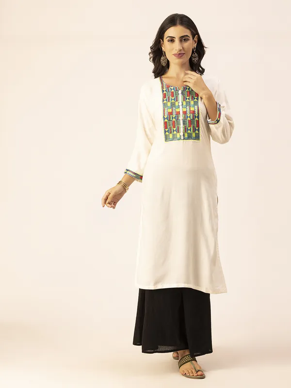 Off_White_Rayon_Women_Kurta,_Colourful_Embroidery_Work