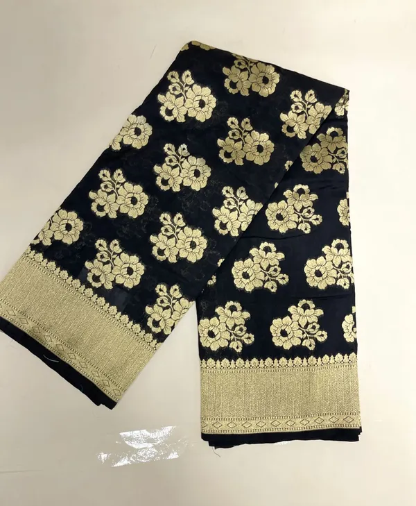 Humairah_Presents_Black_Katan_Silk_Golden_Zari_Floral_Tilfi_Boota_with_Banarasi_Zari_Border_and_Black_Blouse