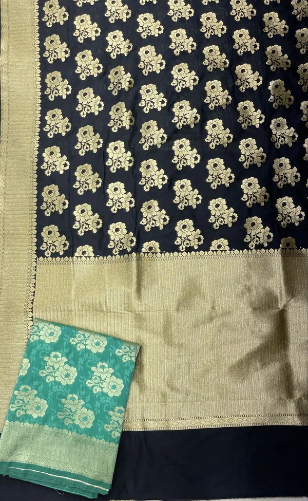 Humairah_Presents_Black_Katan_Silk_Golden_Zari_Floral_Tilfi_Boota_with_Banarasi_Zari_Border_and_Black_Blouse