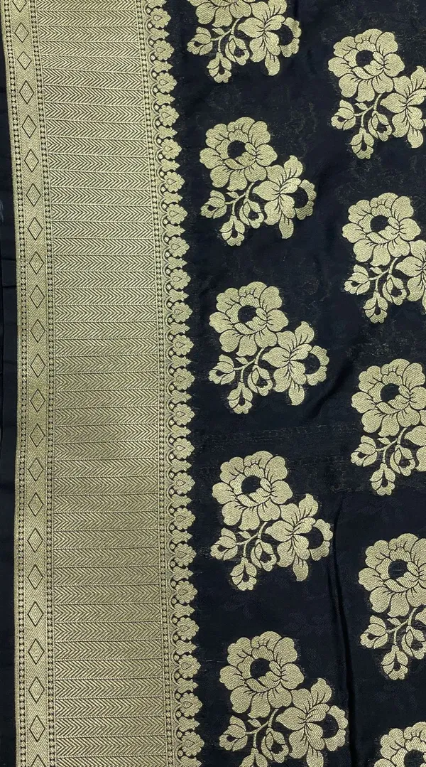 Humairah_Presents_Black_Katan_Silk_Golden_Zari_Floral_Tilfi_Boota_with_Banarasi_Zari_Border_and_Black_Blouse