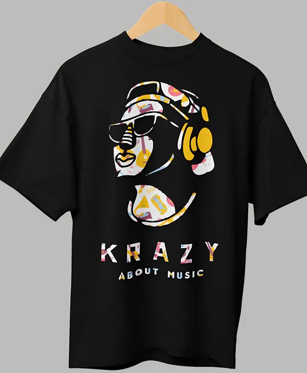 TOFFTEES_Premium_Black_Oversized_Krazy_About_Music_Half_Sleeves_T-shirt_|_French_Terry_Fabric__(220_GSM)