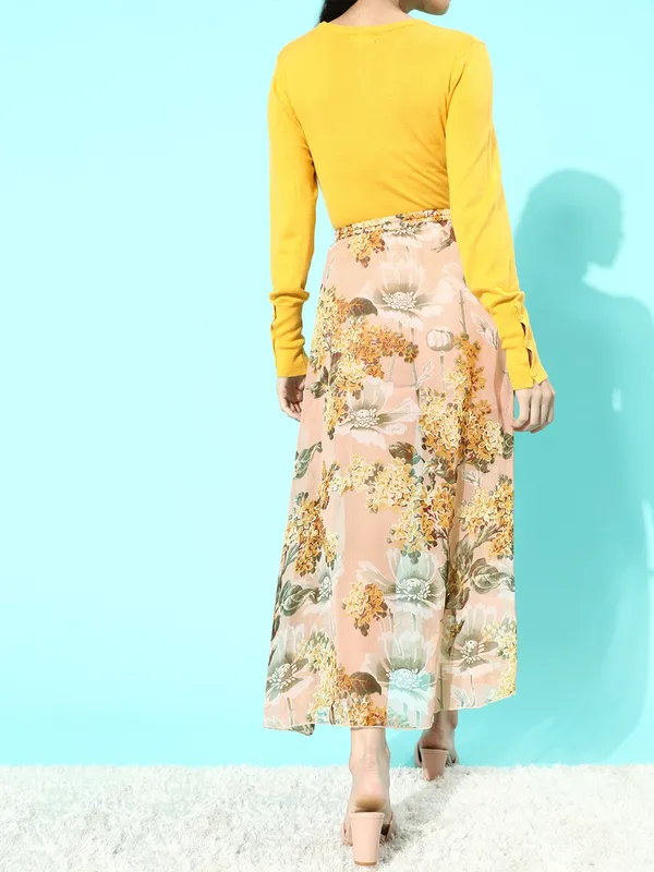 Orange_Cotton_Blend_Floral_Print_Casual_A-line_Skirt_For_Women