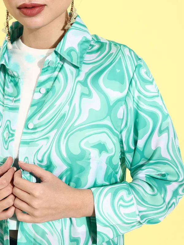 Light_Blue_&_White_Modal_Full_Sleeve_Printed_Tailored_Fit_Long_Shirt_For_Women