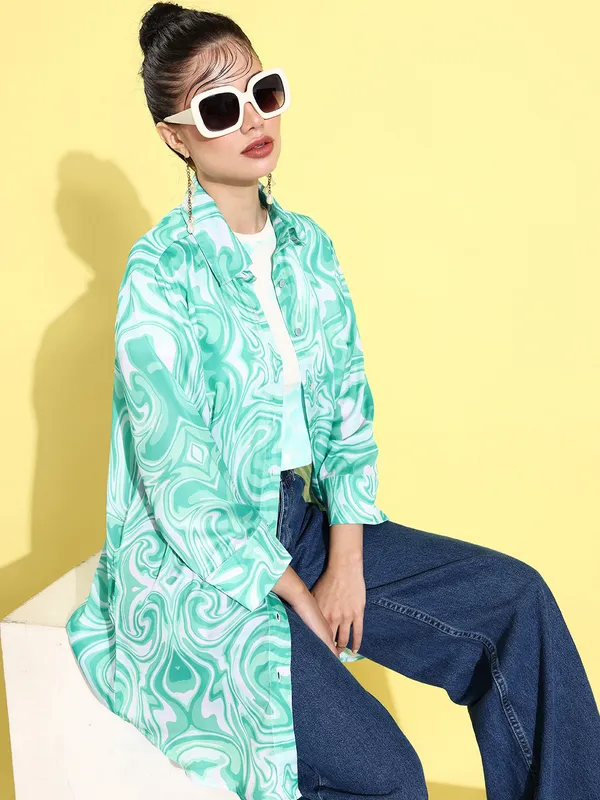 Light_Blue_&_White_Modal_Full_Sleeve_Printed_Tailored_Fit_Long_Shirt_For_Women
