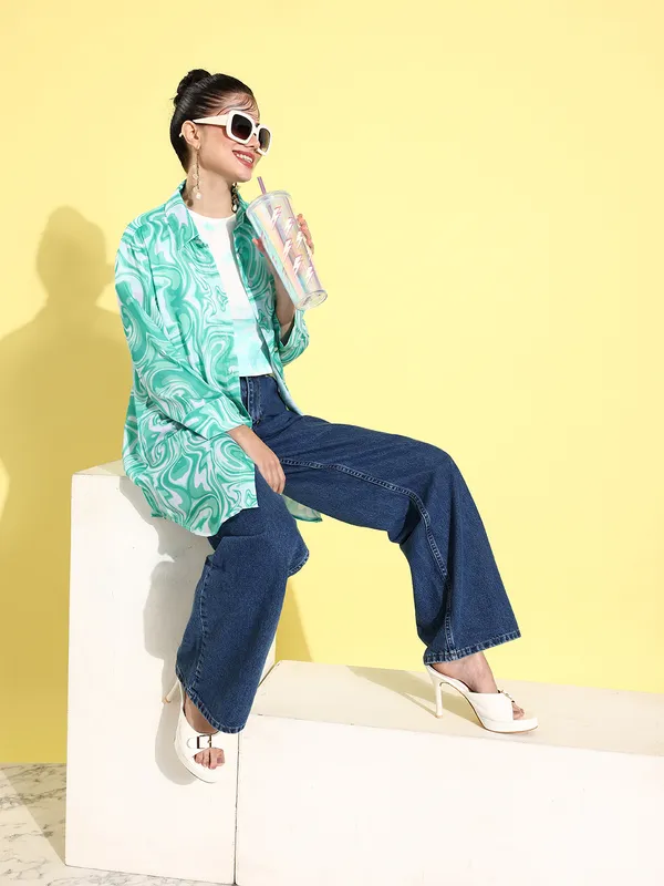 Light_Blue_&_White_Modal_Full_Sleeve_Printed_Tailored_Fit_Long_Shirt_For_Women
