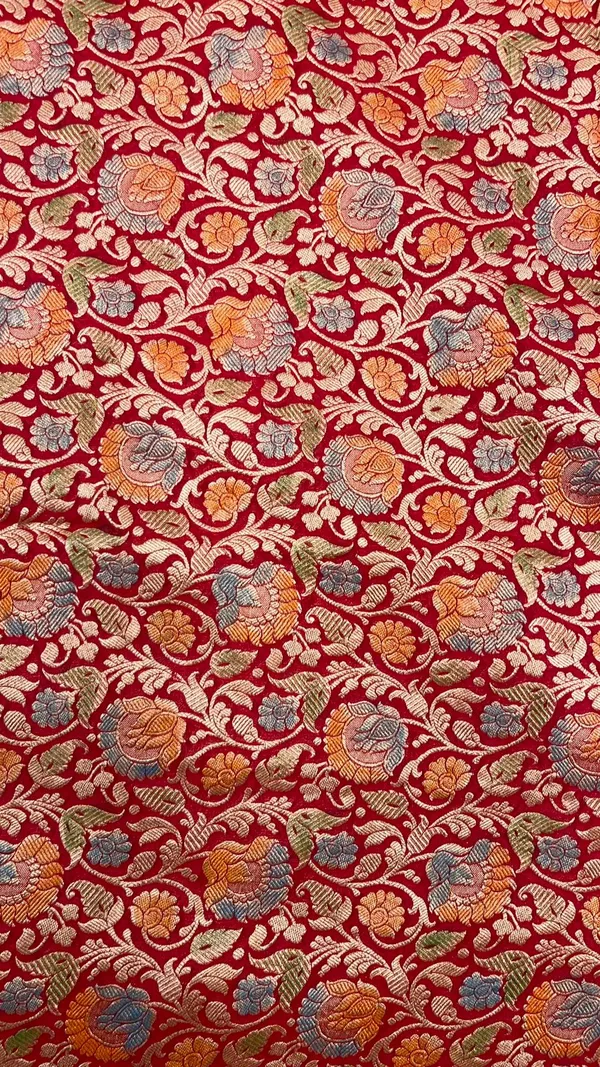 Humairah_Pure_Handwoven_Red_Khaddi_Georgette_Hand_Brush_Floral_Zari_Jaal_Banarasi_Zari_Border_Saree_with_Red_Blouse_piece