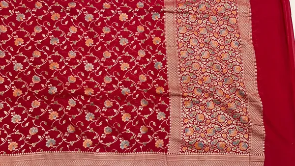 Humairah_Pure_Handwoven_Red_Khaddi_Georgette_Hand_Brush_Floral_Zari_Jaal_Banarasi_Zari_Border_Saree_with_Red_Blouse_piece