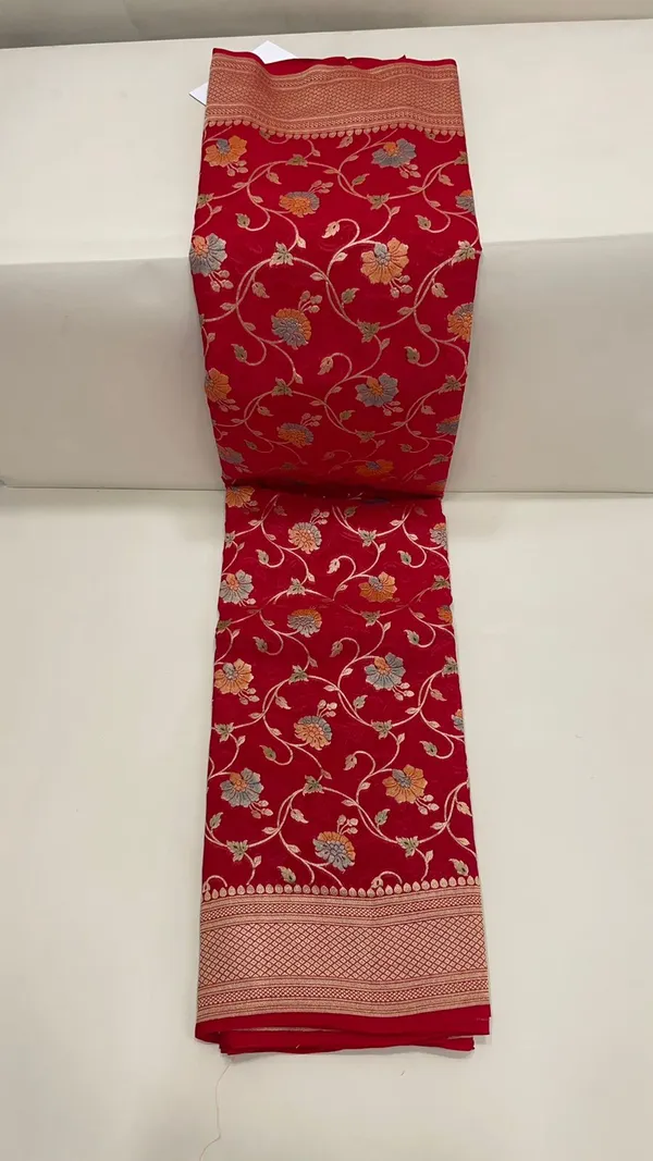 Humairah_Pure_Handwoven_Red_Khaddi_Georgette_Hand_Brush_Floral_Zari_Jaal_Banarasi_Zari_Border_Saree_with_Red_Blouse_piece