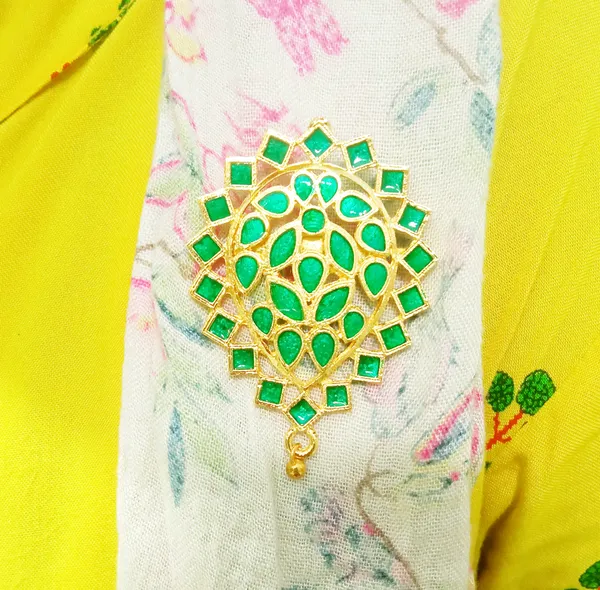 (Pack_Of_2)_Assamese_Traditional_Gold_Plated_Green_Meenakari_Brooch_/Saree_Pin