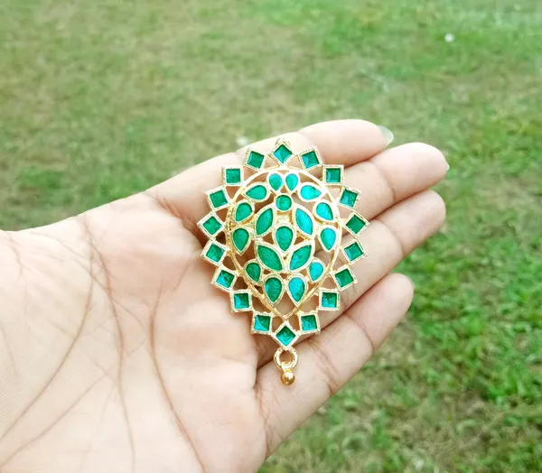 (Pack_Of_2)_Assamese_Traditional_Gold_Plated_Green_Meenakari_Brooch_/Saree_Pin