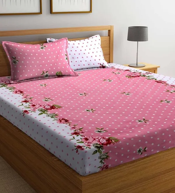 220TC_Elastic_Fitted_100%_Cotton_Feel_Printed_King_Size_Double_Bed_Bedsheet_with_2_Pillow_Cover_(72"x78"_Upto_6"_Mattress)_Pink_Polka_Dots