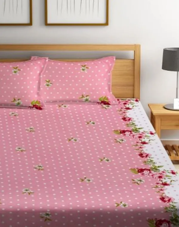 220TC_Elastic_Fitted_100%_Cotton_Feel_Printed_King_Size_Double_Bed_Bedsheet_with_2_Pillow_Cover_(72"x78"_Upto_6"_Mattress)_Pink_Polka_Dots
