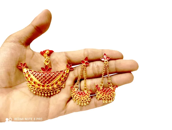 Assamese_Traditional_Gold_Plated_Red_Colour_Joonbiri_Tassel_Jewellery_Set_For_Girls_&_Women