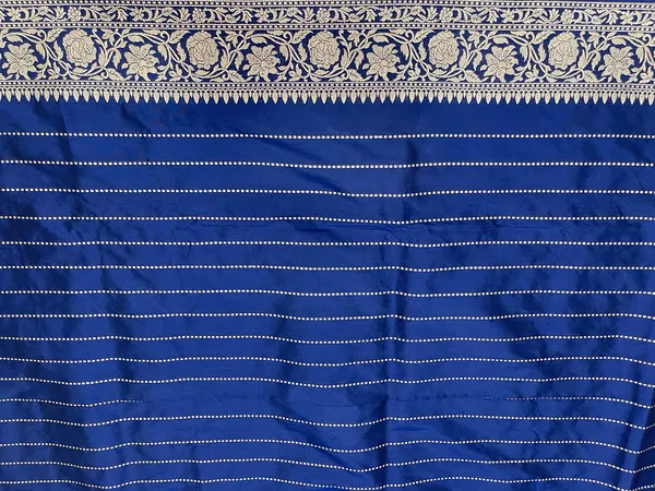 Humairah_Pure_Handloom_Katan_Silk_Navy_Blue_Kadhwa_Gold_&_Silver_Zari_Booti_with_Kadhwa_Border_and_Navy_Blue_Stripe_Blouse