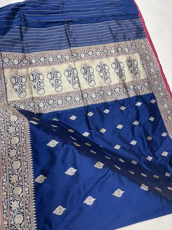 Humairah_Pure_Handloom_Katan_Silk_Navy_Blue_Kadhwa_Gold_&_Silver_Zari_Booti_with_Kadhwa_Border_and_Navy_Blue_Stripe_Blouse