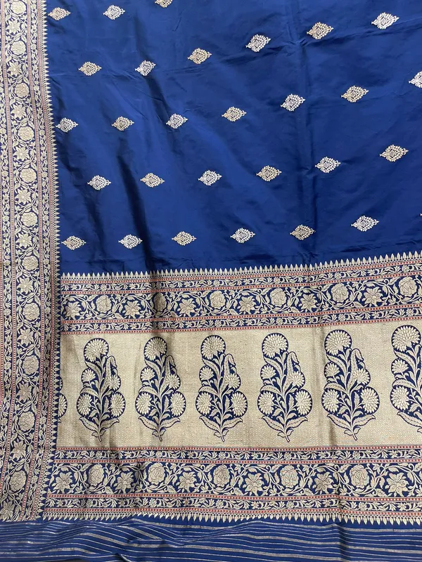 Humairah_Pure_Handloom_Katan_Silk_Navy_Blue_Kadhwa_Gold_&_Silver_Zari_Booti_with_Kadhwa_Border_and_Navy_Blue_Stripe_Blouse