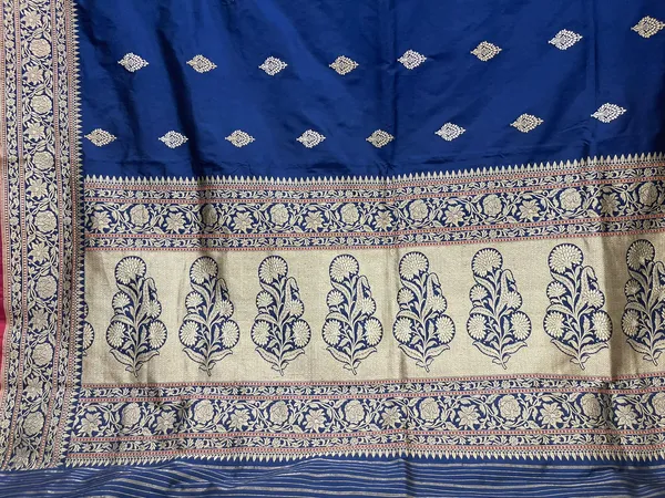 Humairah_Pure_Handloom_Katan_Silk_Navy_Blue_Kadhwa_Gold_&_Silver_Zari_Booti_with_Kadhwa_Border_and_Navy_Blue_Stripe_Blouse