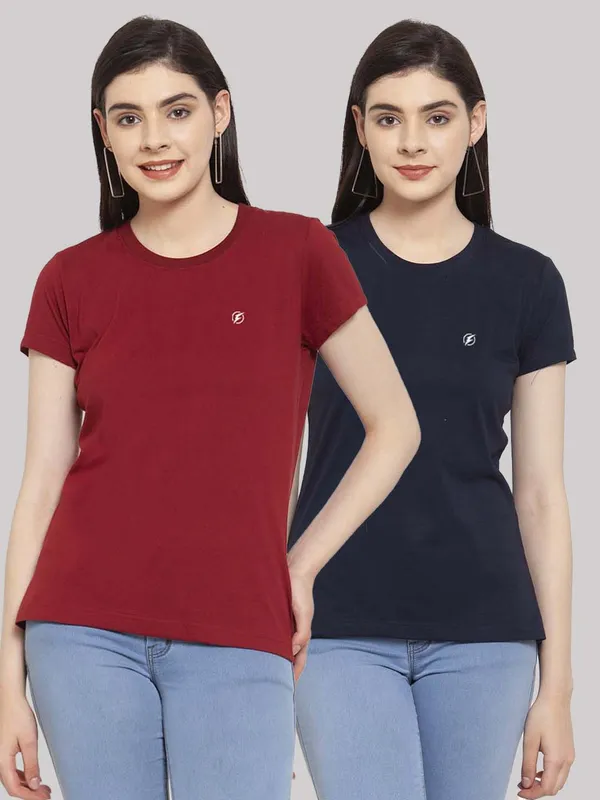 Pack_of_2_Maroon_&_Navy_Blue_Cotton_Round_Neck_Short_Sleeves_T-Shirt_For_Women
