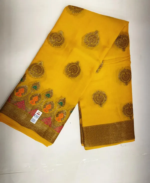 Humairah_Presents_Pure_Handloom_Yellow_Chiffon_Floral_Mina_Zari_Booti_with_Skirt_Mina_Copper_Zari_Border_and_Yellow_Blouse