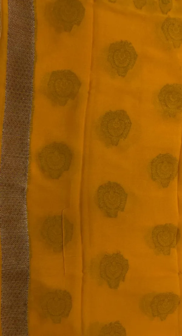 Humairah_Presents_Pure_Handloom_Yellow_Chiffon_Floral_Mina_Zari_Booti_with_Skirt_Mina_Copper_Zari_Border_and_Yellow_Blouse