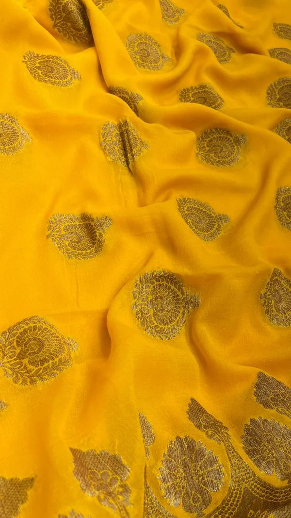 Humairah_Presents_Pure_Handloom_Yellow_Chiffon_Floral_Mina_Zari_Booti_with_Skirt_Mina_Copper_Zari_Border_and_Yellow_Blouse