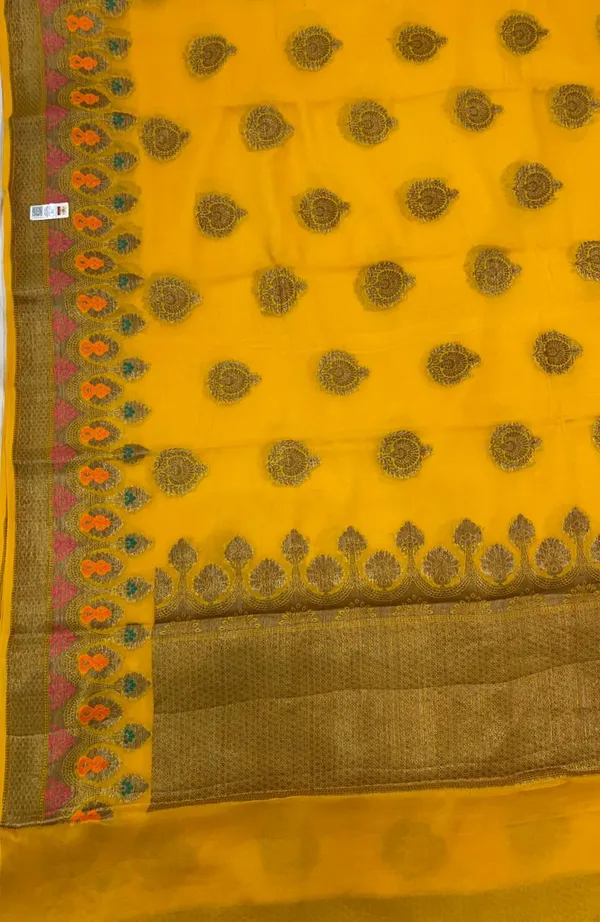 Humairah_Presents_Pure_Handloom_Yellow_Chiffon_Floral_Mina_Zari_Booti_with_Skirt_Mina_Copper_Zari_Border_and_Yellow_Blouse