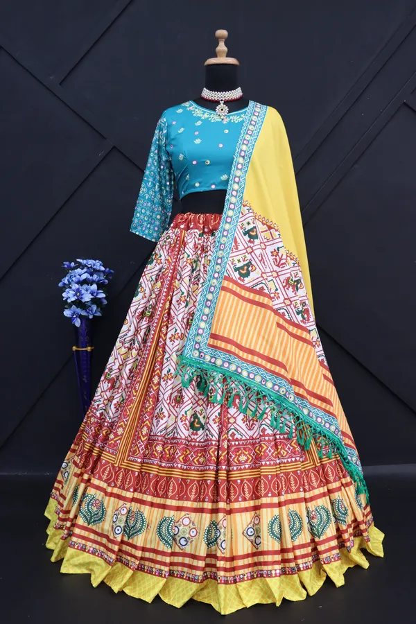 Red_Green_Lehenga_Choli_With_Mirror_Work_And_Attached_Yellow_Dupatta