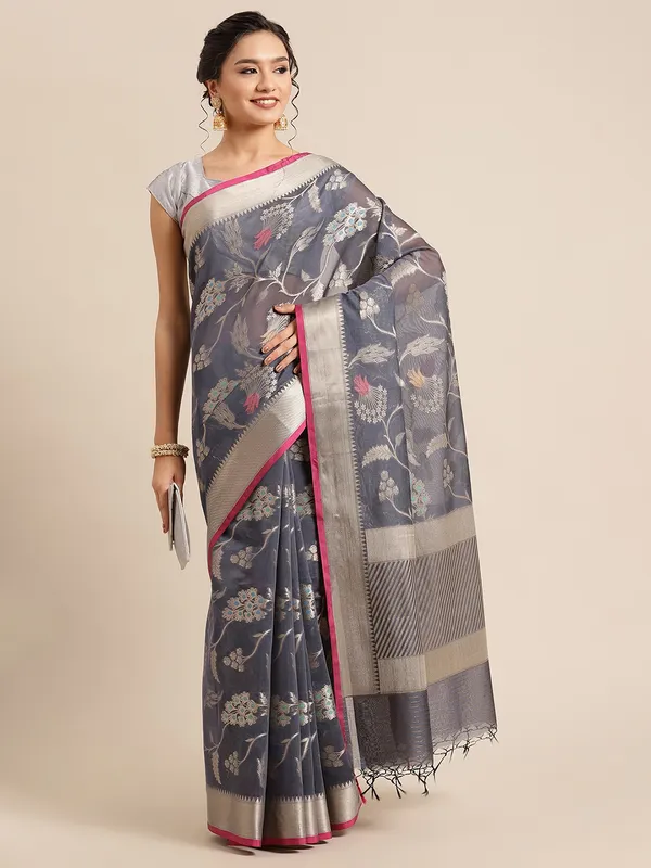 Grey_Masrise_Cotton/Cotton_Banarasi_Sarees_For_Women