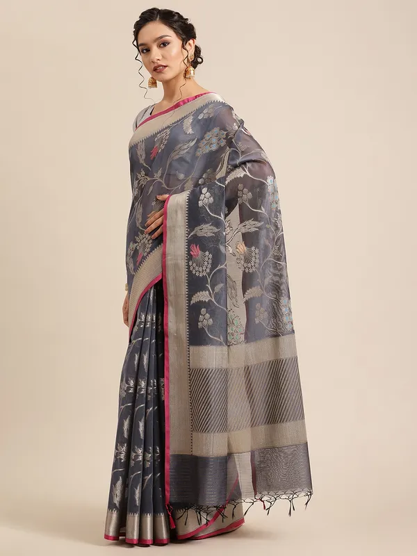 Grey_Masrise_Cotton/Cotton_Banarasi_Sarees_For_Women
