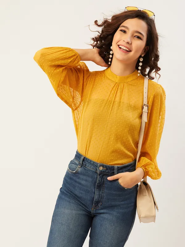 Yellow_Chiffon_Casual_Solid_High_Neck_Regular_Fit_Top_For_Women