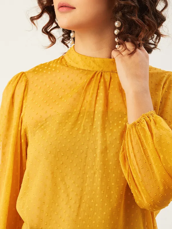 Yellow_Chiffon_Casual_Solid_High_Neck_Regular_Fit_Top_For_Women