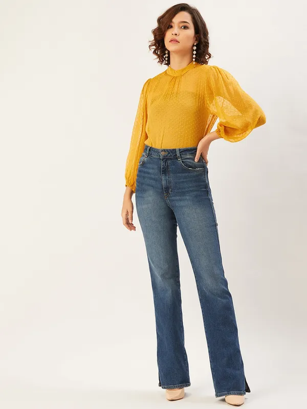 Yellow_Chiffon_Casual_Solid_High_Neck_Regular_Fit_Top_For_Women