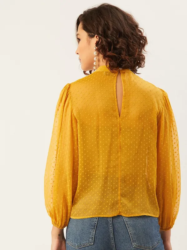 Yellow_Chiffon_Casual_Solid_High_Neck_Regular_Fit_Top_For_Women
