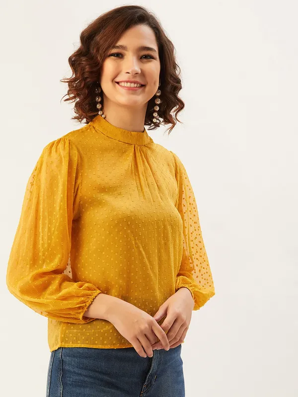 Yellow_Chiffon_Casual_Solid_High_Neck_Regular_Fit_Top_For_Women