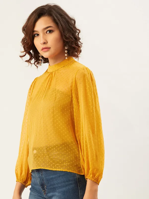 Yellow_Chiffon_Casual_Solid_High_Neck_Regular_Fit_Top_For_Women