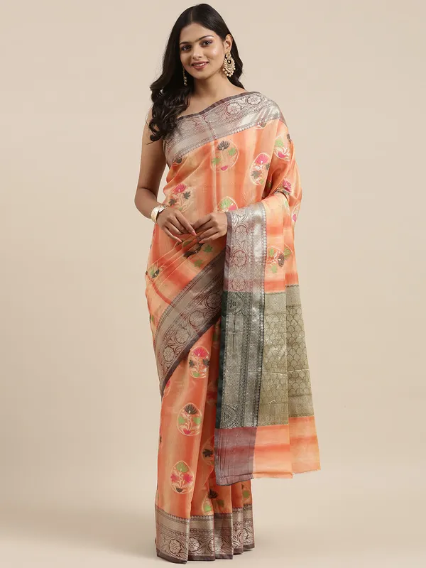 Peach_Matka_Silk/Silk_Blend_Banarasi_Sarees_For_Women