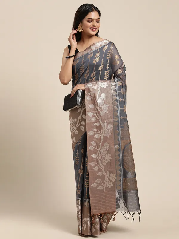 Grey_Masrise_Cotton/Cotton_Banarasi_Sarees_For_Women
