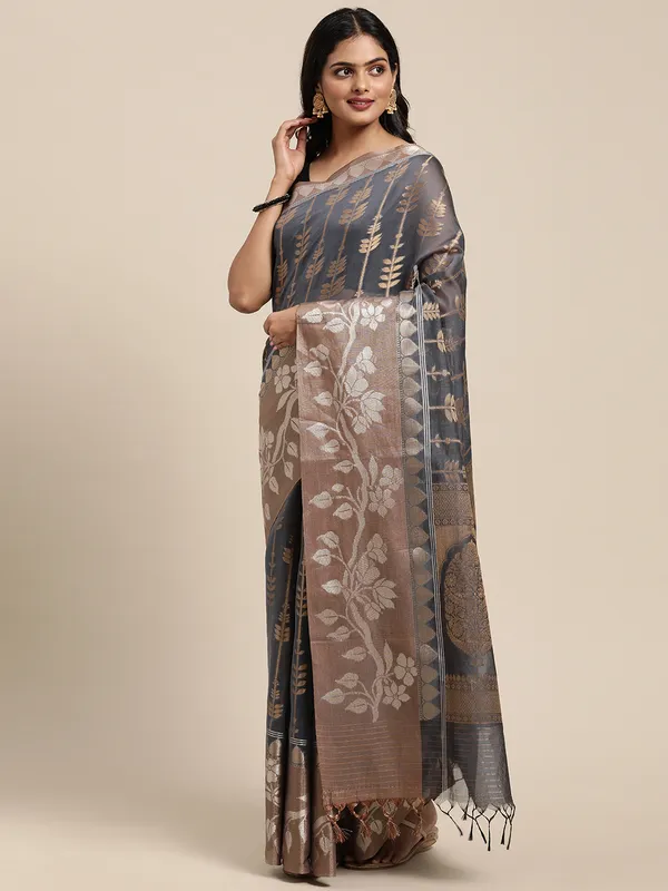 Grey_Masrise_Cotton/Cotton_Banarasi_Sarees_For_Women