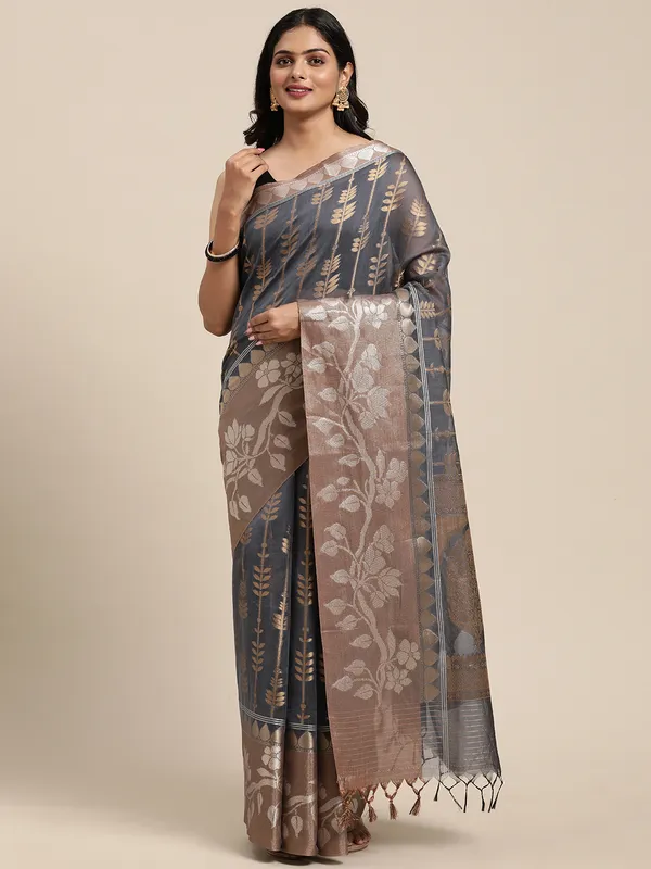 Grey_Masrise_Cotton/Cotton_Banarasi_Sarees_For_Women