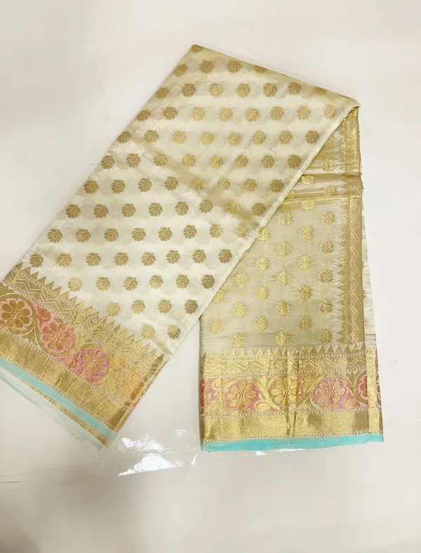 Humairah_Pure_Handloom_Off-White_Dupion_Silk_Golden_Zari_Floral_Booti_Banarasi_Zari_Border_with_Floral_Gold_Pallu_with_Multi_Lehariya_Stripe_and_Off-White_Blouse
