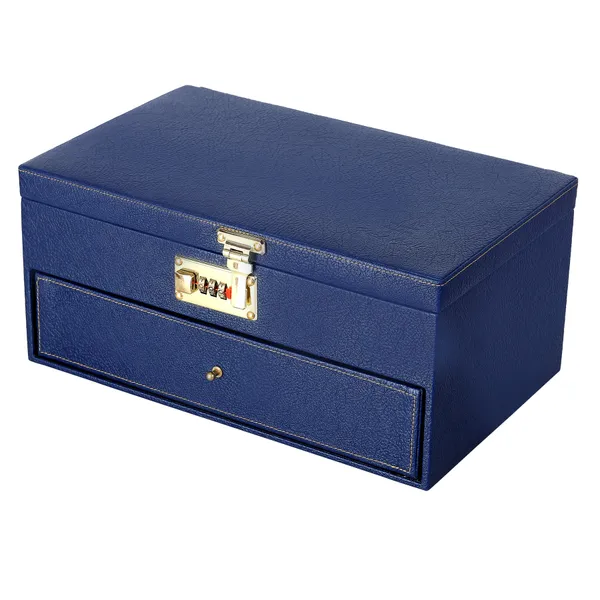 Watch_Box_Organizer_Holder_Jewelry_Accessories_Display_Storage_Case_Watch_Organiser_Collection_Box_10_Slots_And_Drawer_With_3_Digit_Combination_Lock_In_PU_Leather_For_Men_Women_Blue_Color